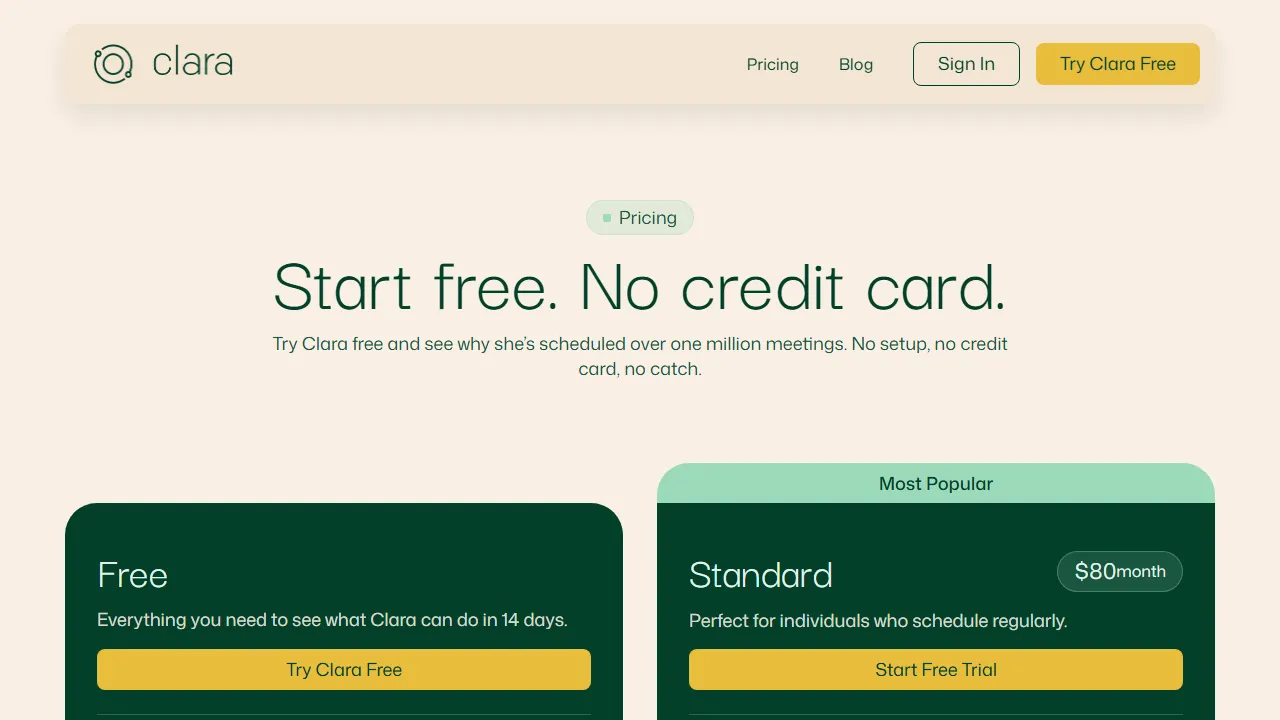 Clara pricing page: plans and rates