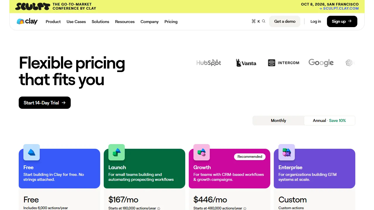 Clay pricing page: plans and rates