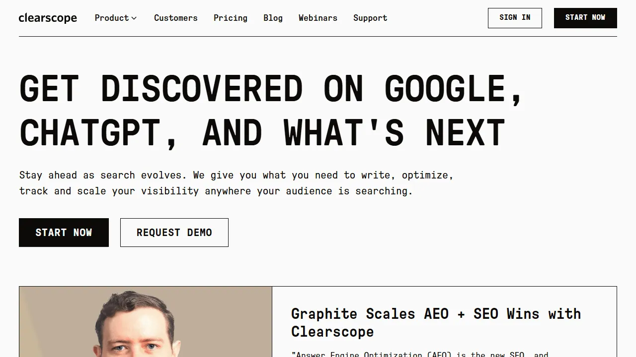 Clearscope homepage, marketing & seo AI tool