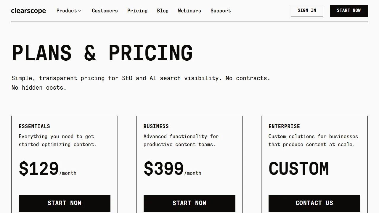 Clearscope pricing page: plans and rates