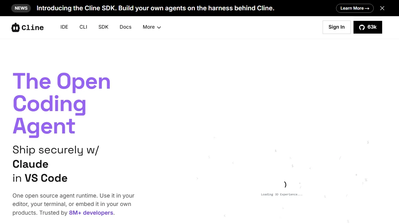 Cline homepage, code AI tool