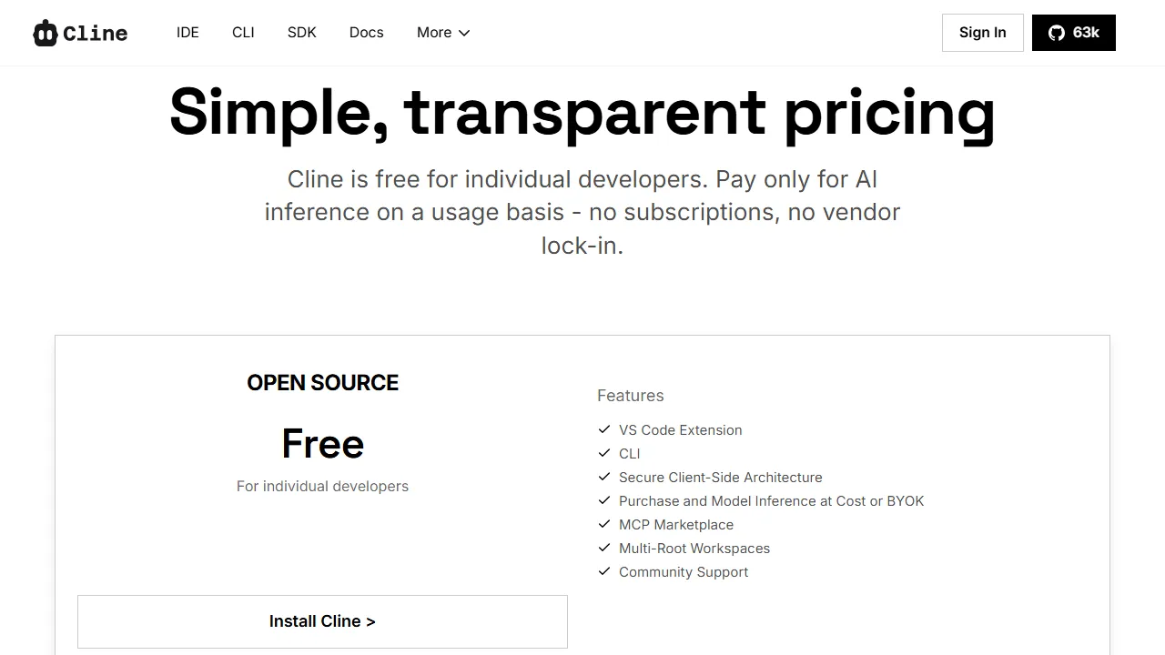 Cline pricing page: plans and rates