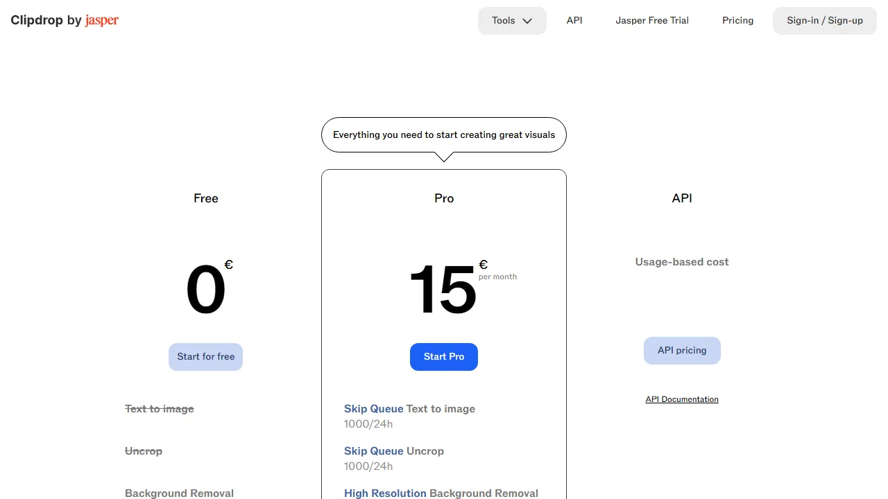 Clipdrop pricing page: plans and rates