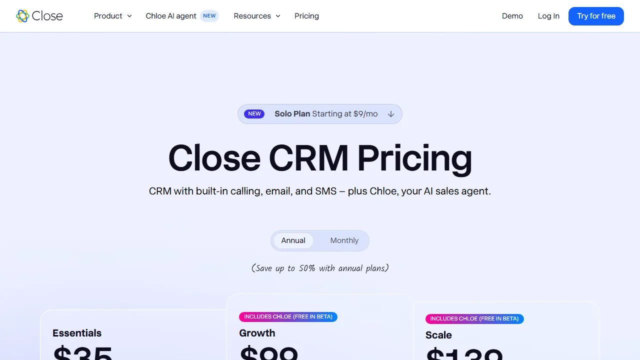 Close pricing page: plans and rates