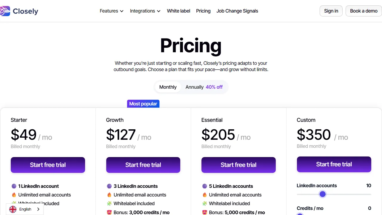 Closely pricing page: plans and rates