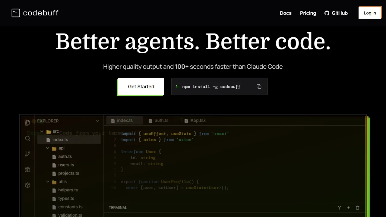 Codebuff homepage, code AI tool