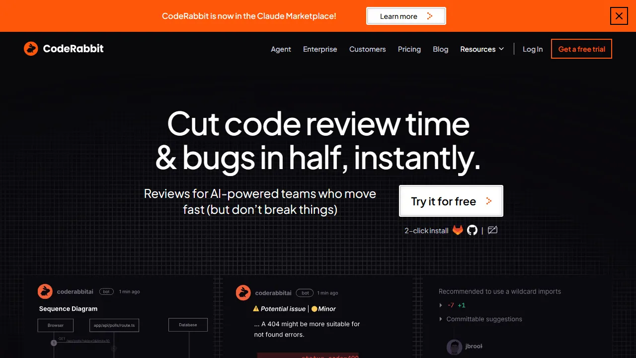 CodeRabbit homepage, code AI tool