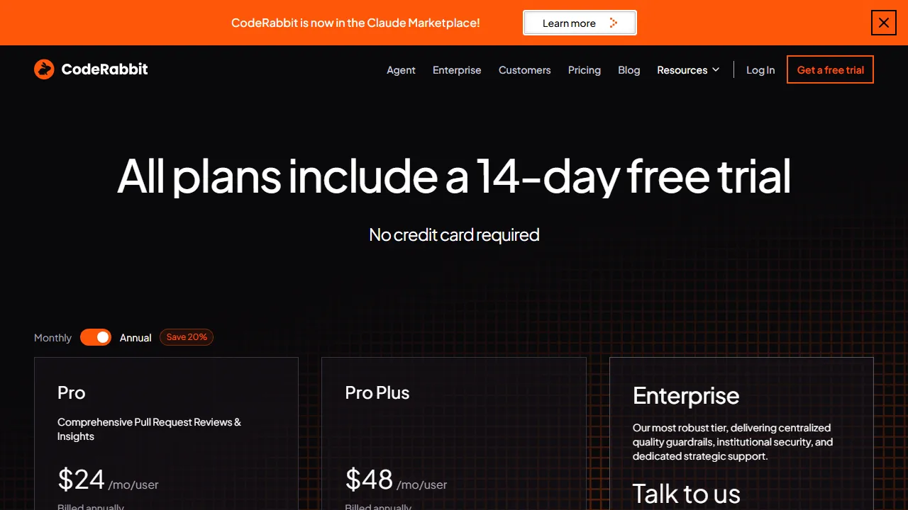CodeRabbit pricing page: plans and rates