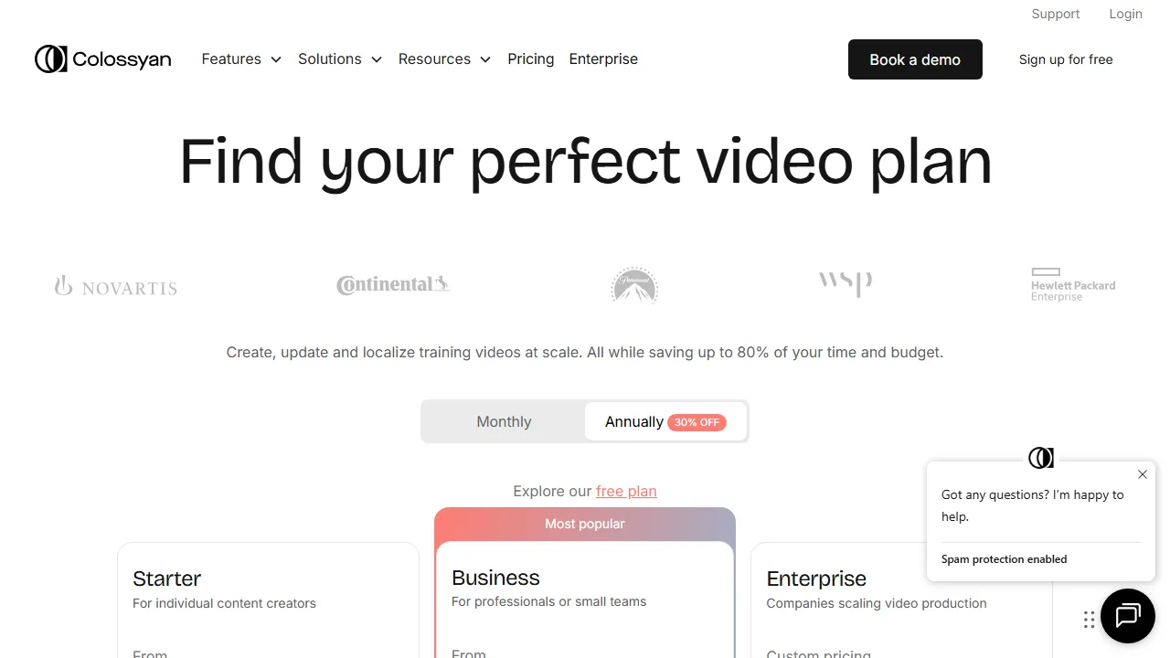 Colossyan pricing page: plans and rates