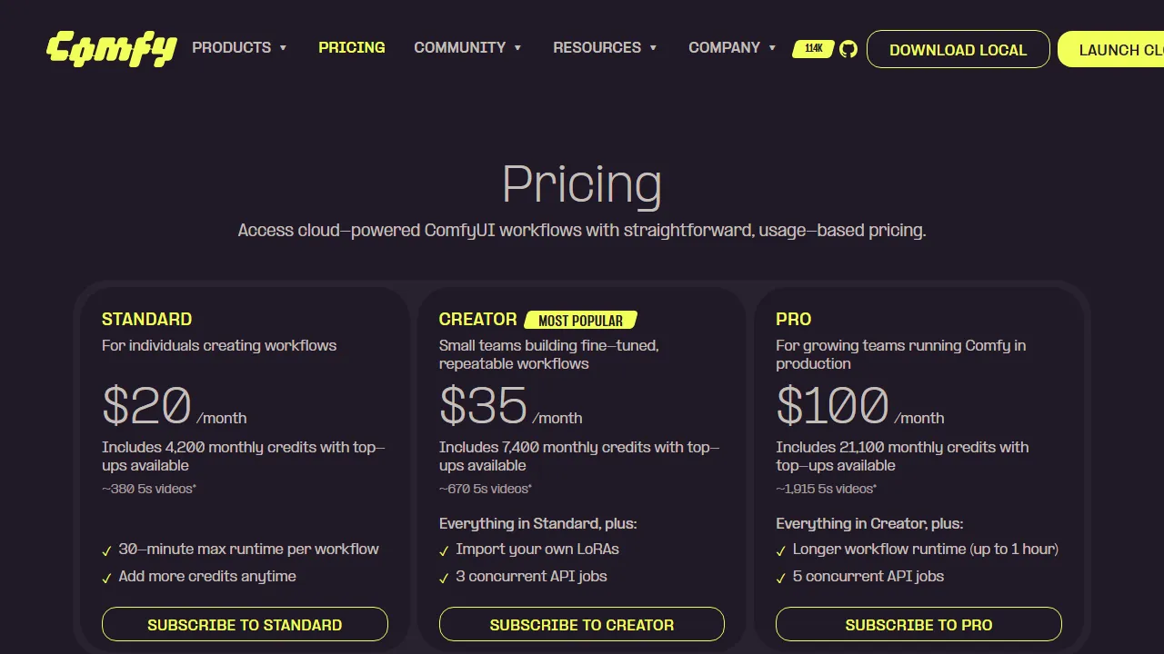 ComfyUI pricing page: plans and rates