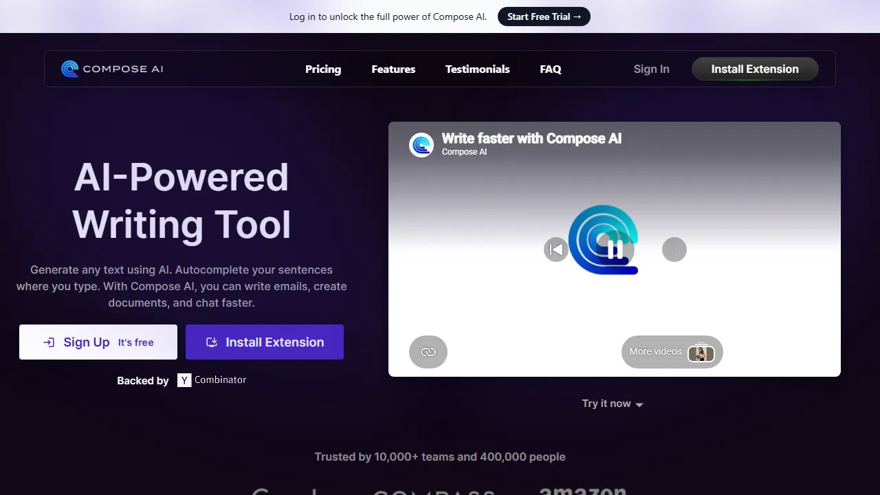 Compose AI homepage, writing AI tool