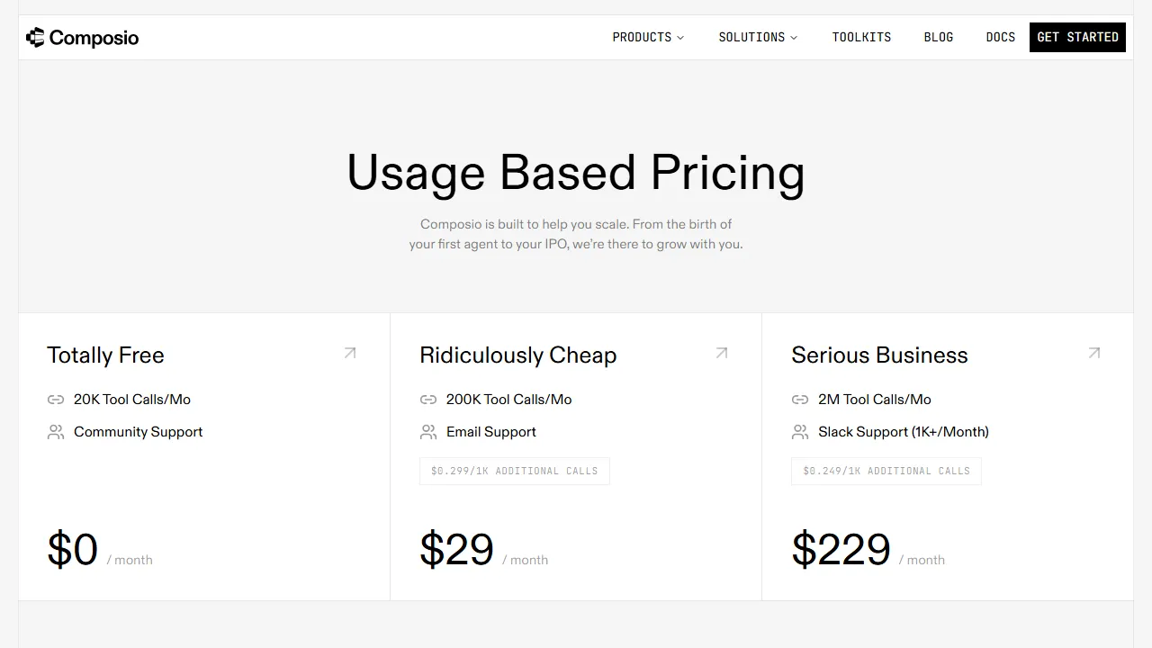 Composio pricing page: plans and rates