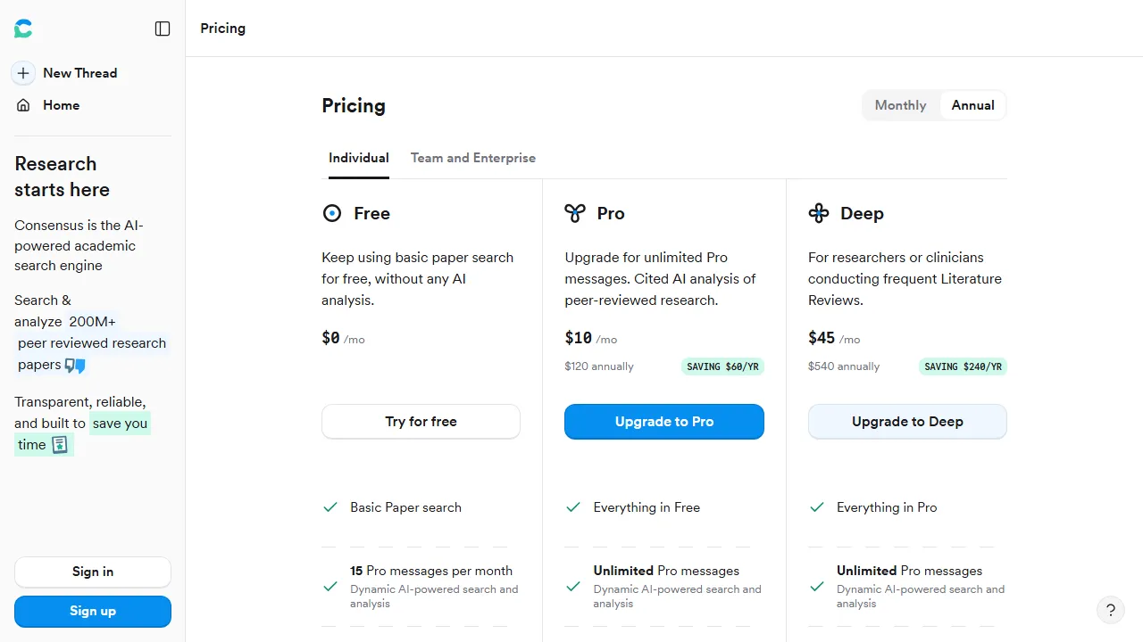 Consensus pricing page: plans and rates