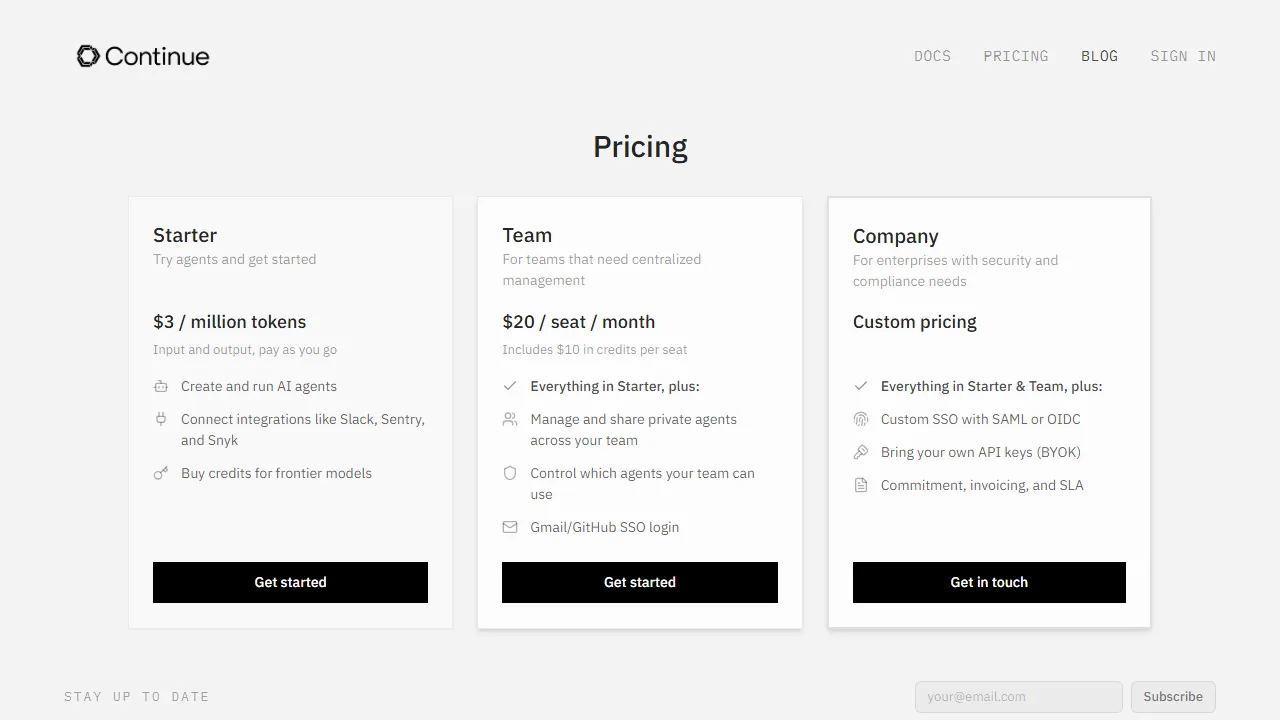 Continue pricing page: plans and rates