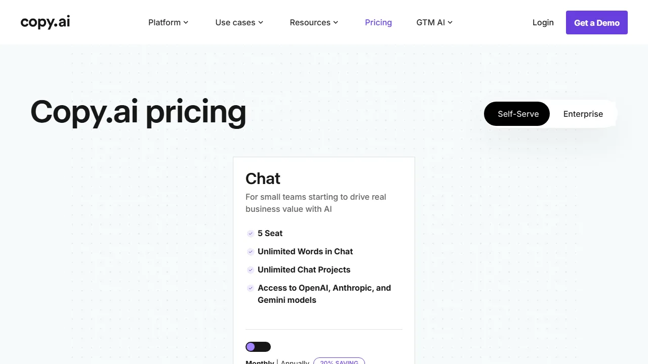 Copy.ai pricing page: plans and rates