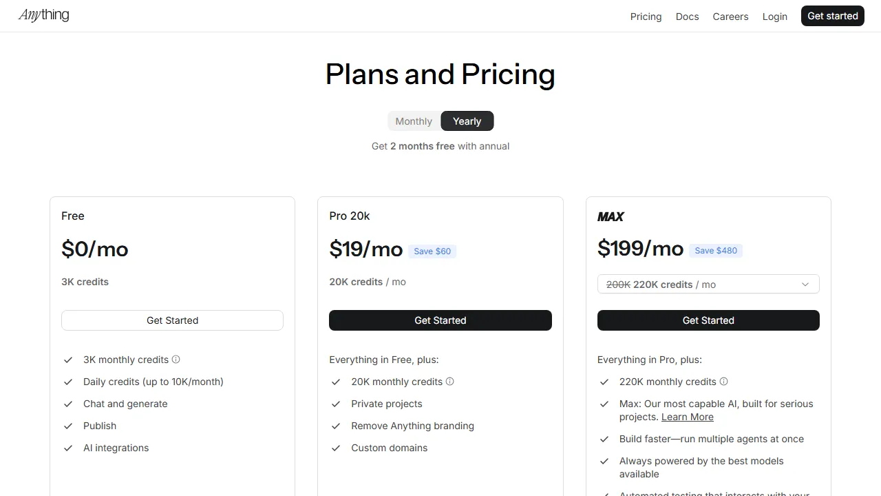 Create.xyz pricing page: plans and rates