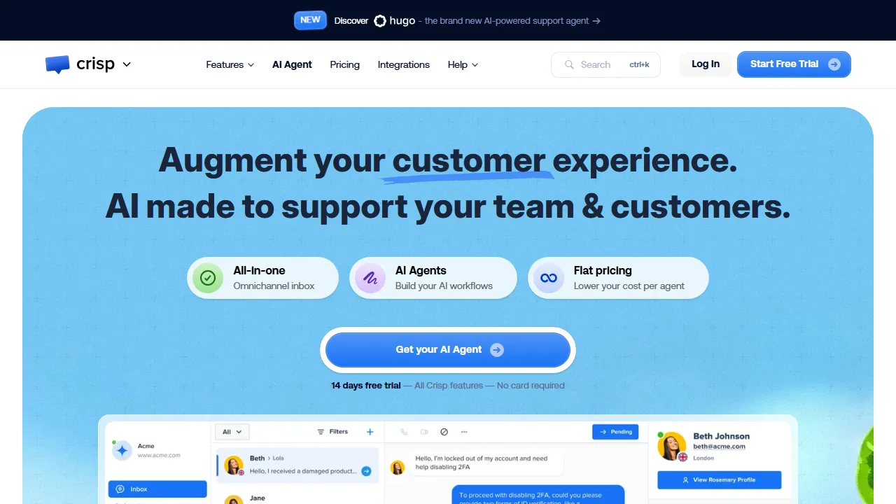 Crisp homepage, customer support & sales AI tool