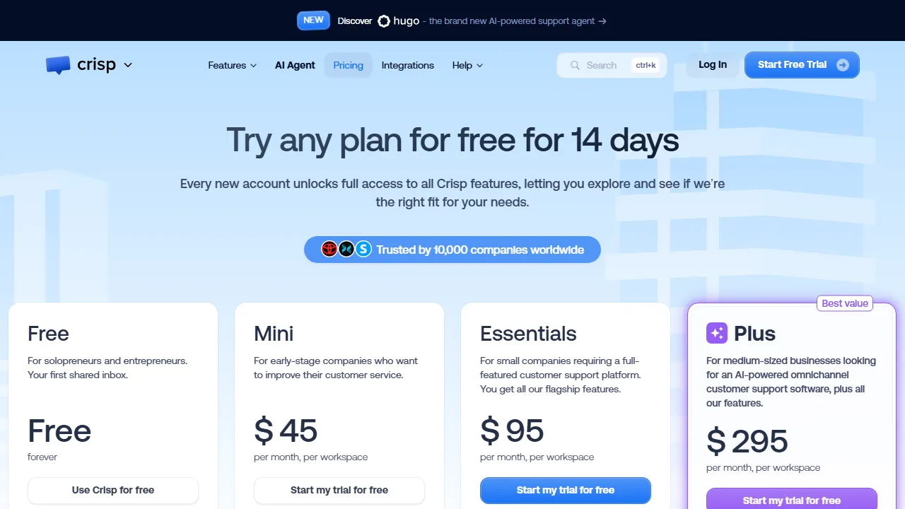 Crisp pricing page: plans and rates