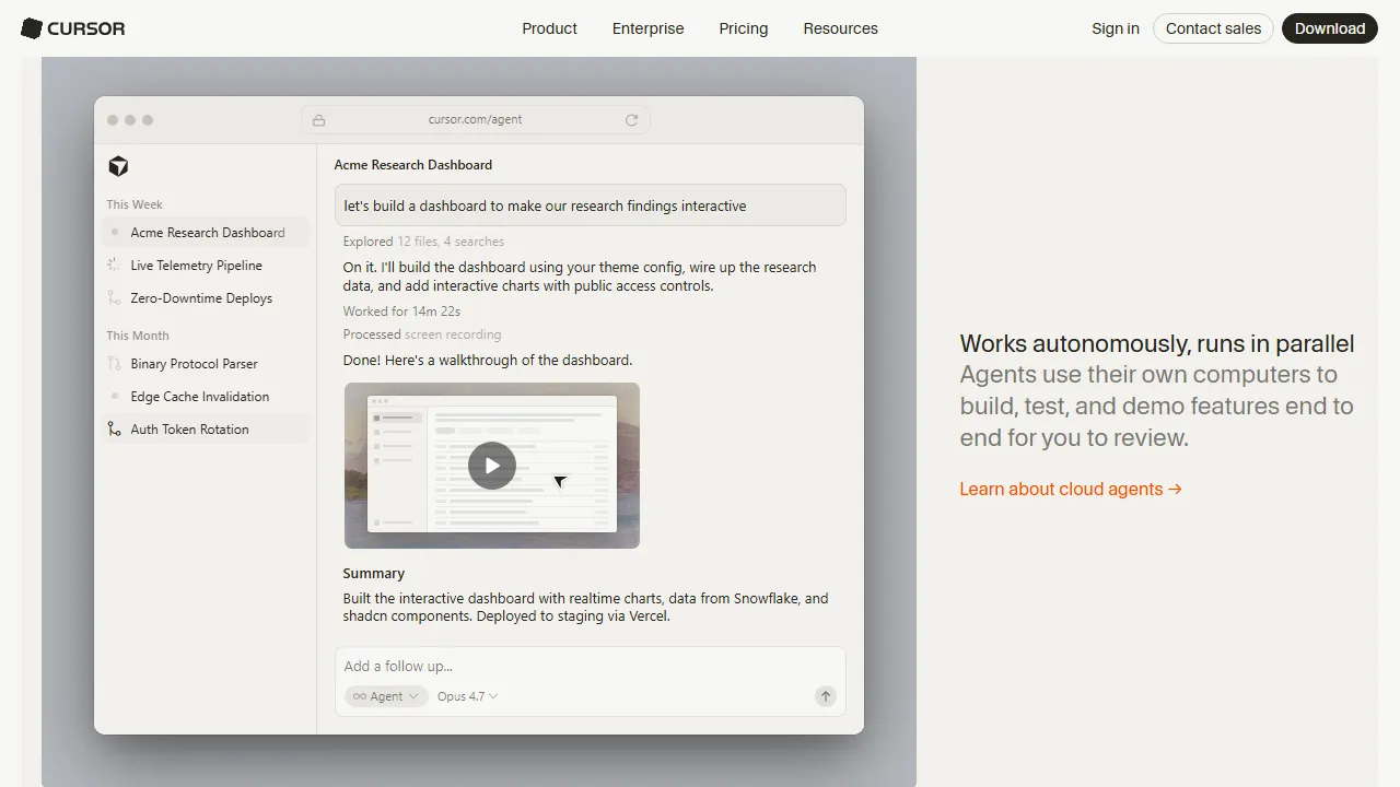 Cursor homepage, code AI tool