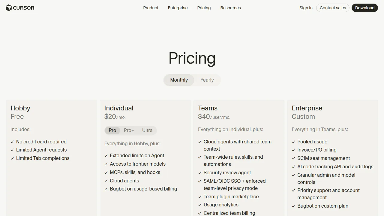 Cursor pricing page: plans and rates