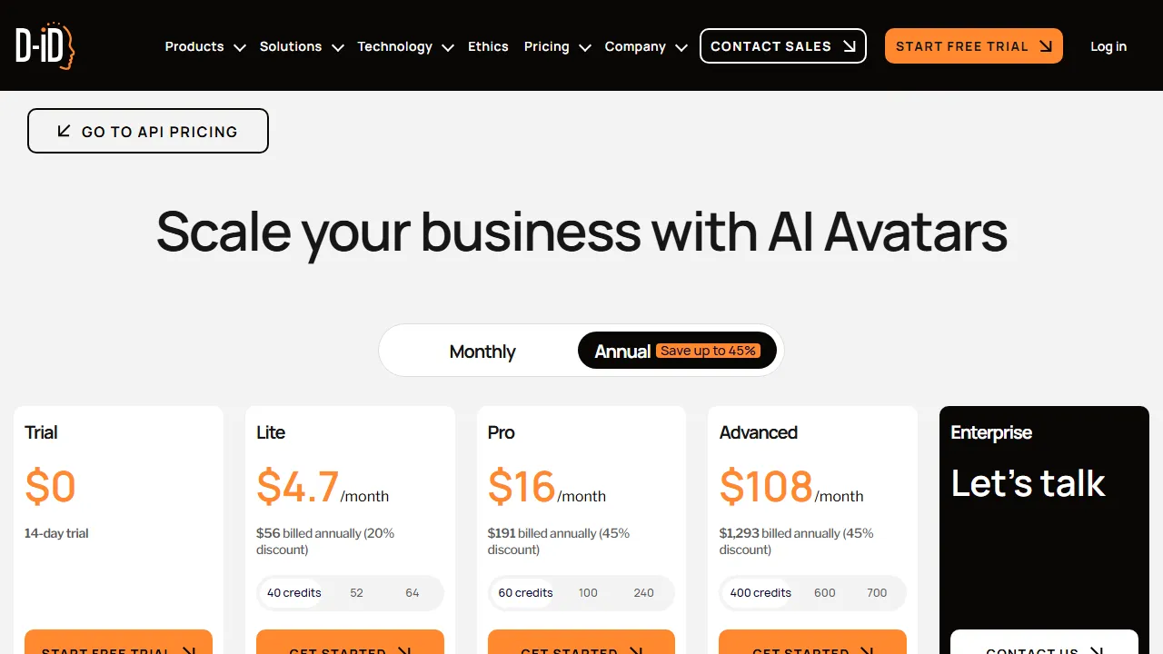 D-ID pricing page: plans and rates