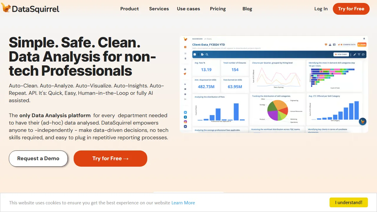 Datasquirrel homepage, data & analysis AI tool