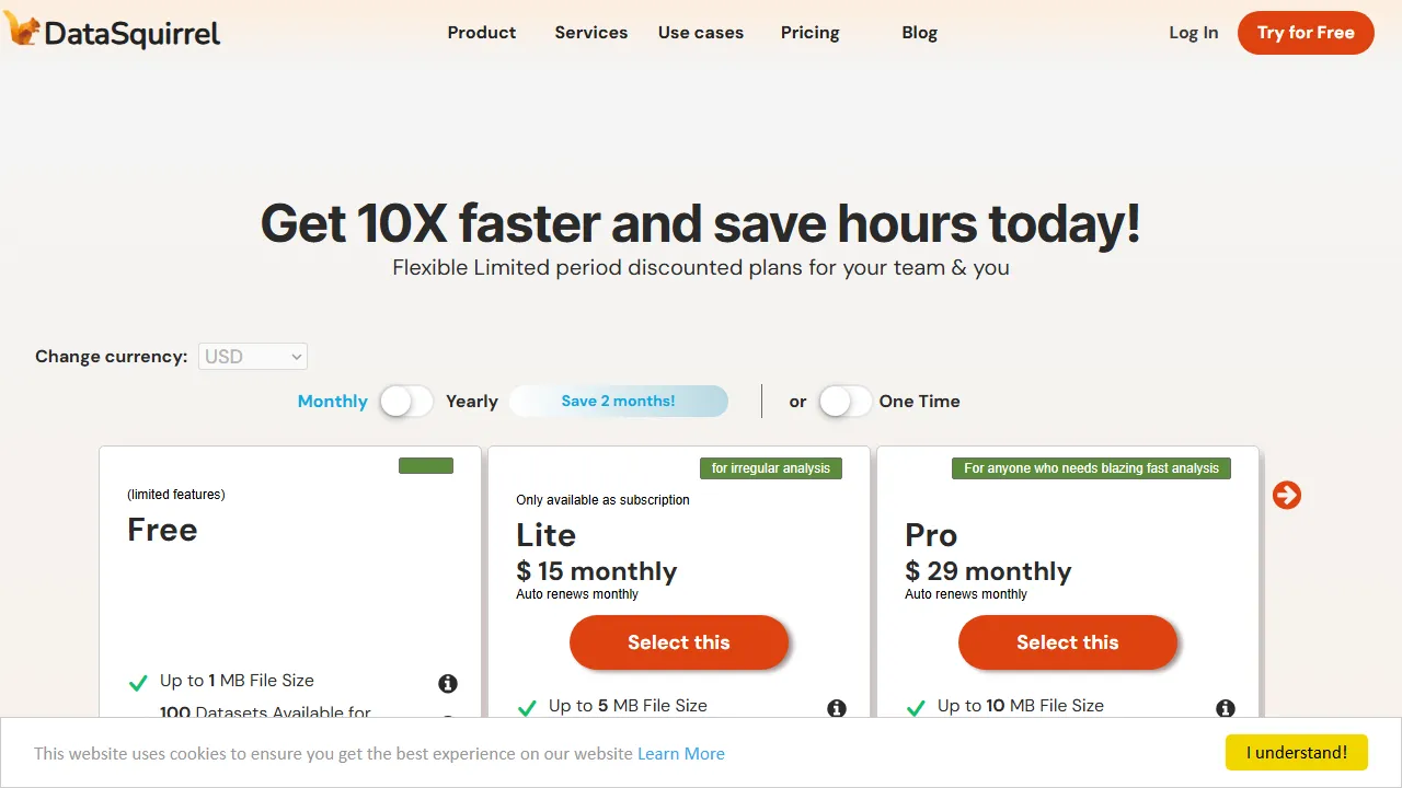 Datasquirrel pricing page: plans and rates