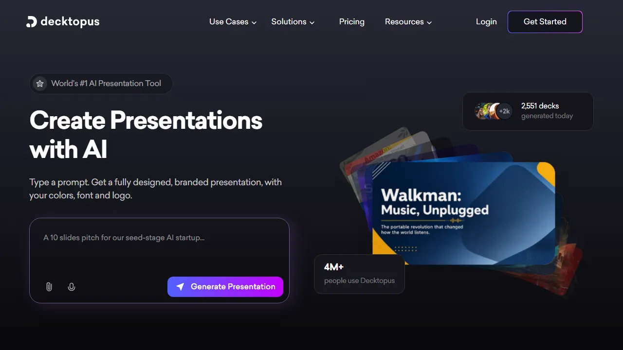 Decktopus homepage, presentation AI tool
