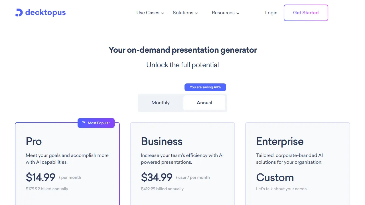 Decktopus pricing page: plans and rates