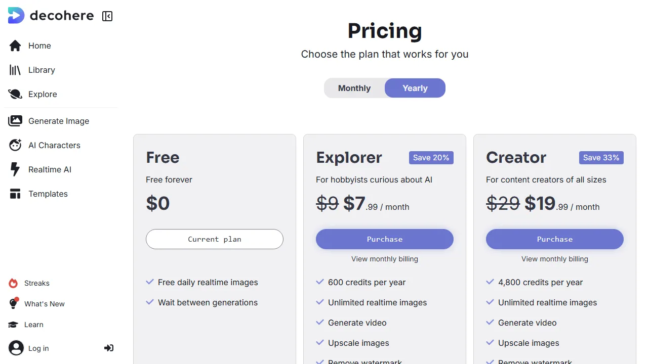 Decoherence pricing page: plans and rates