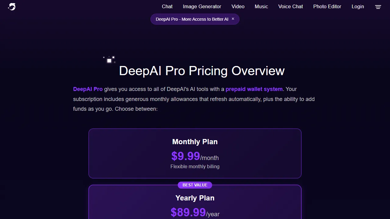 DeepAI pricing page: plans and rates