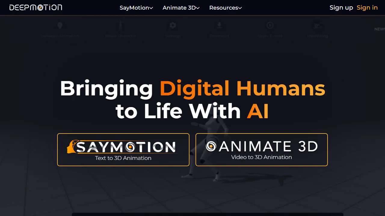 DeepMotion homepage, 3d & modeling AI tool
