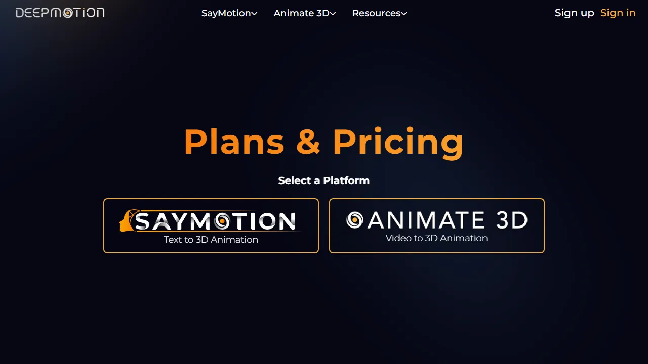 DeepMotion pricing page: plans and rates