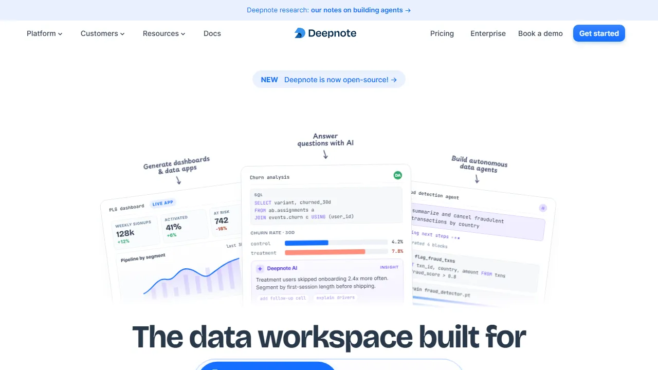 Deepnote homepage, data & analysis AI tool