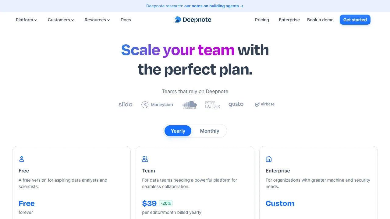 Deepnote pricing page: plans and rates