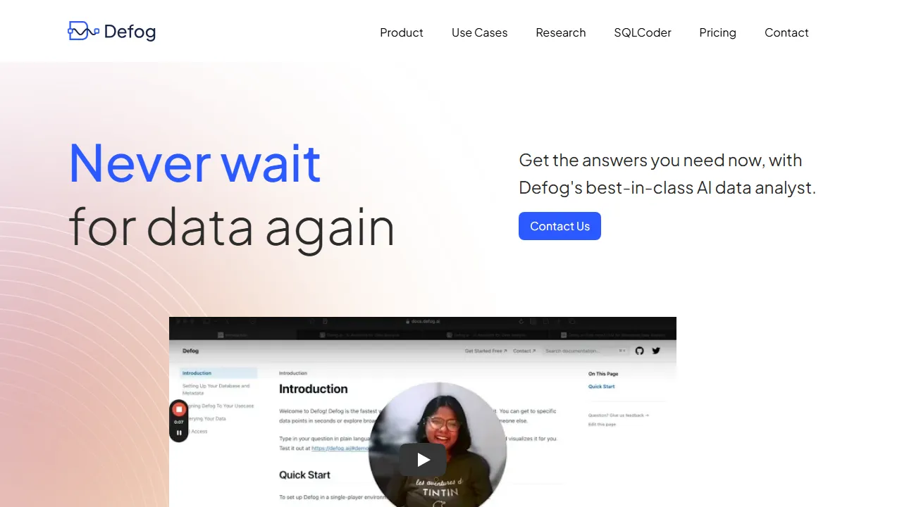 Defog homepage, data & analysis AI tool