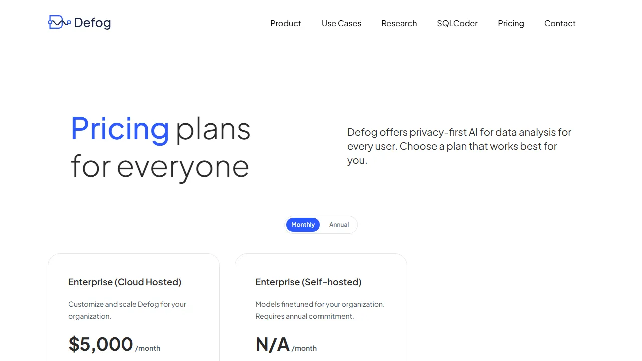 Defog pricing page: plans and rates