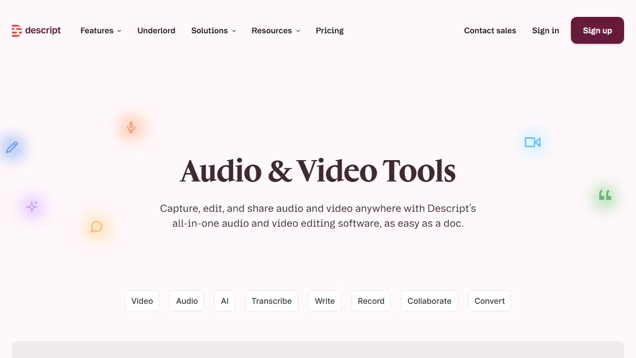 Descript features, voice & audio AI tool