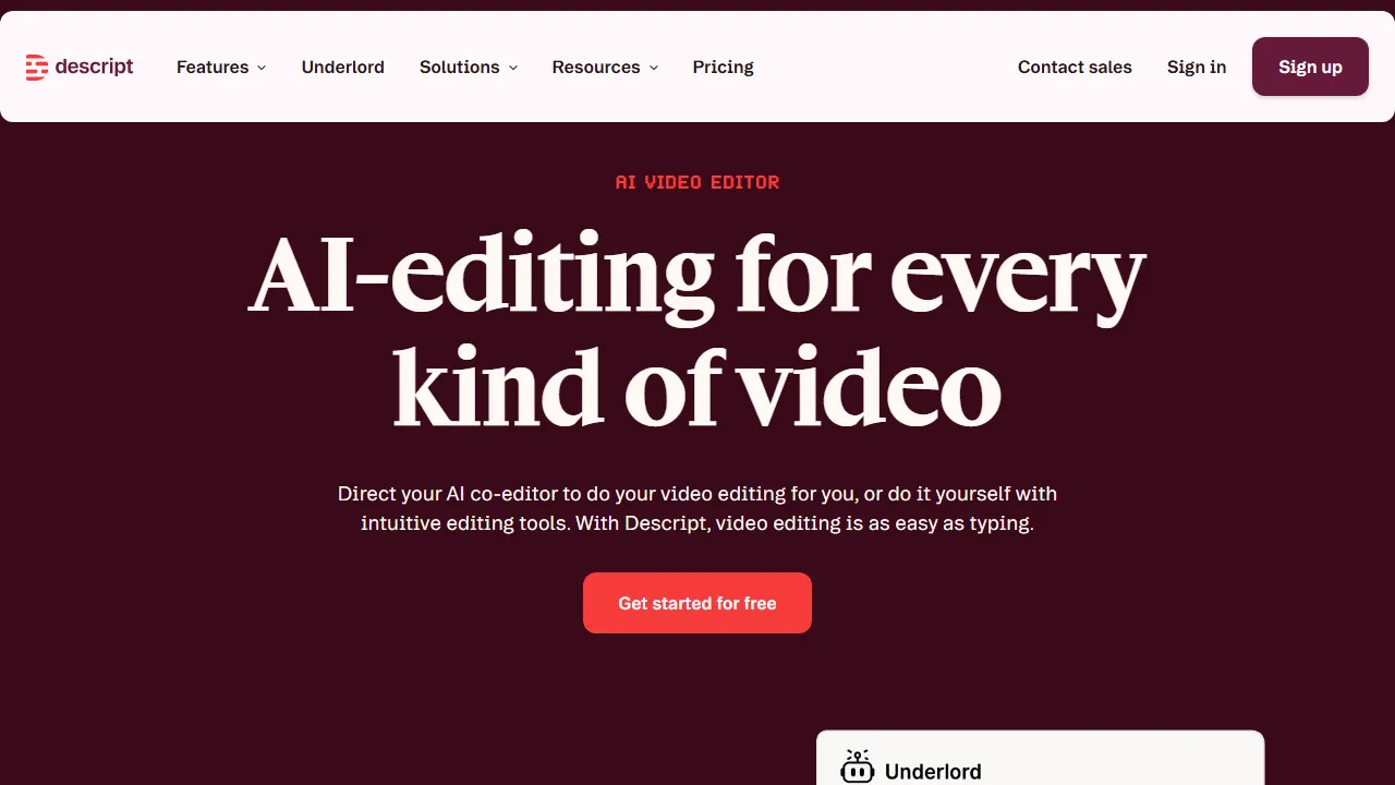 Descript homepage, voice & audio AI tool