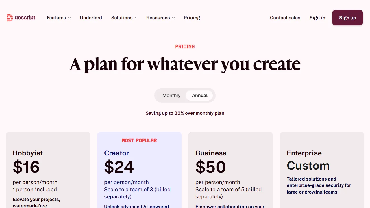 Descript pricing page: plans and rates