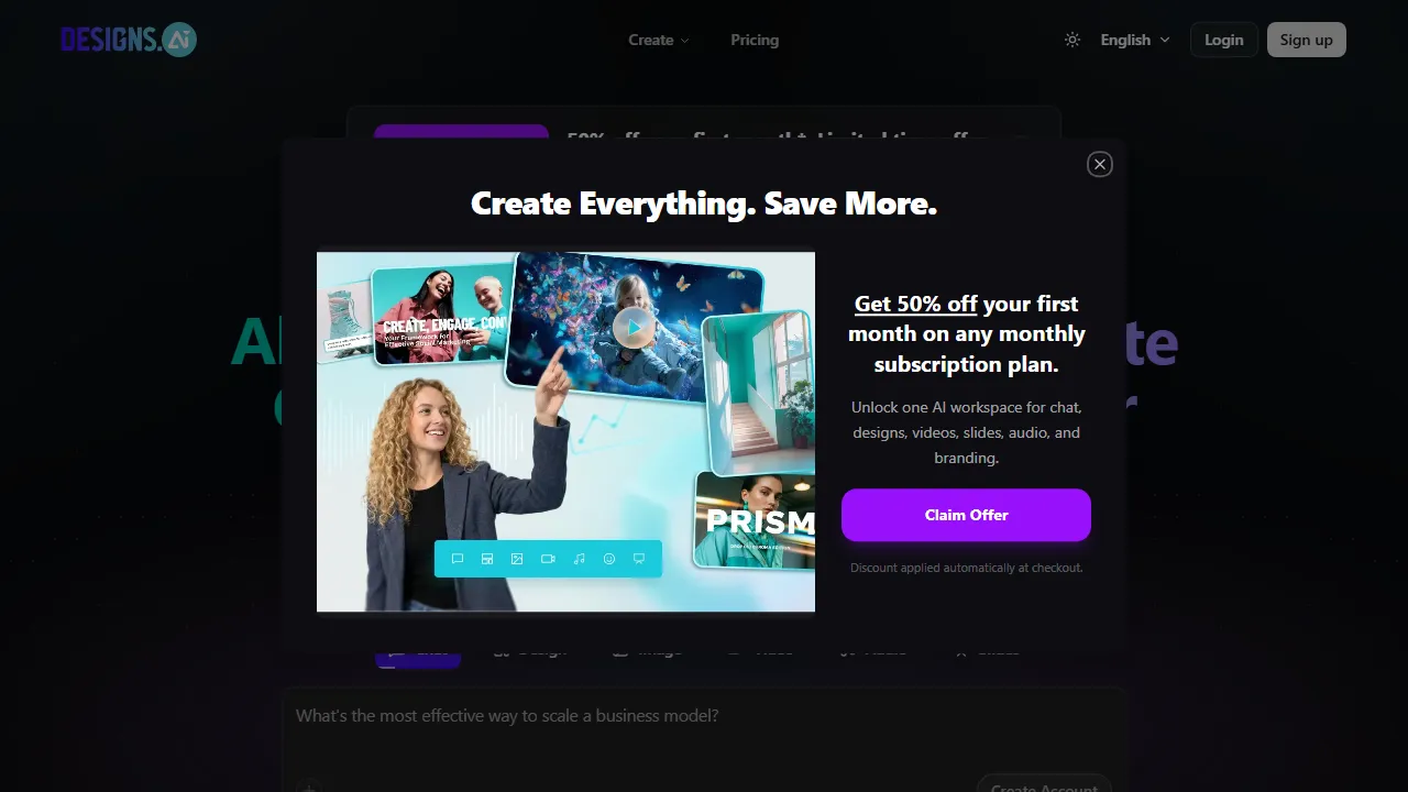 Designs.ai homepage, presentation AI tool