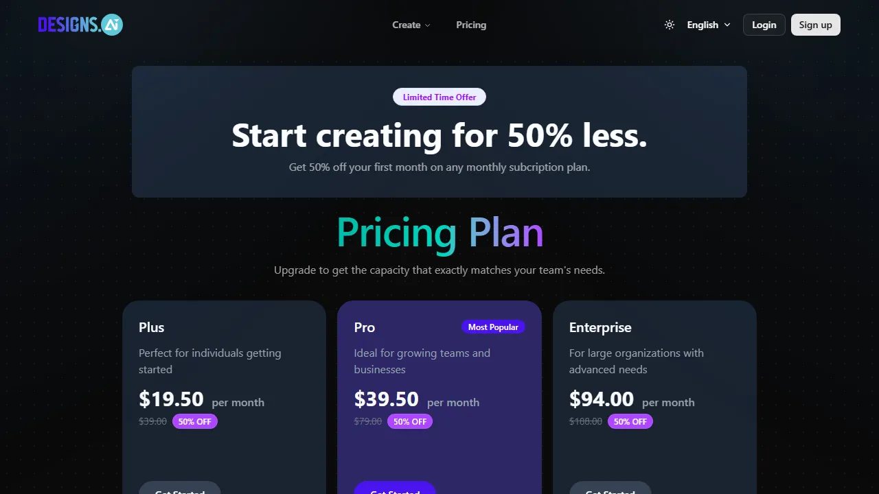 Designs.ai pricing page: plans and rates