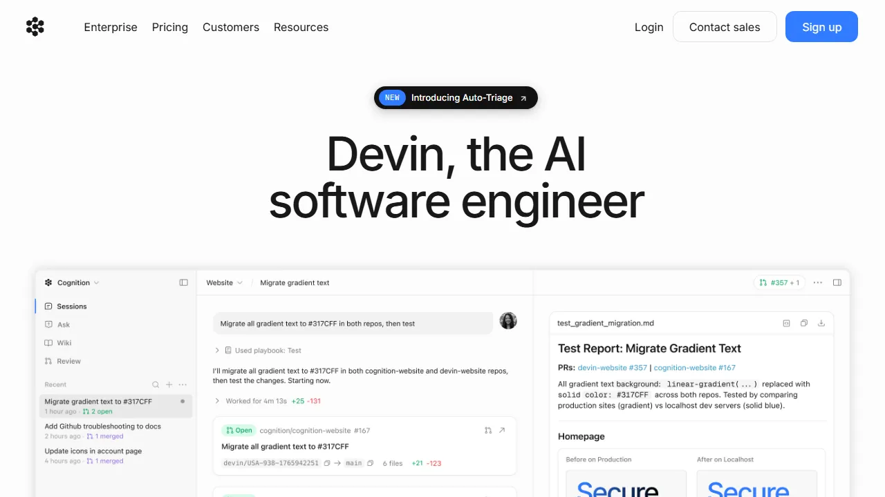 Devin homepage, ai agents AI tool