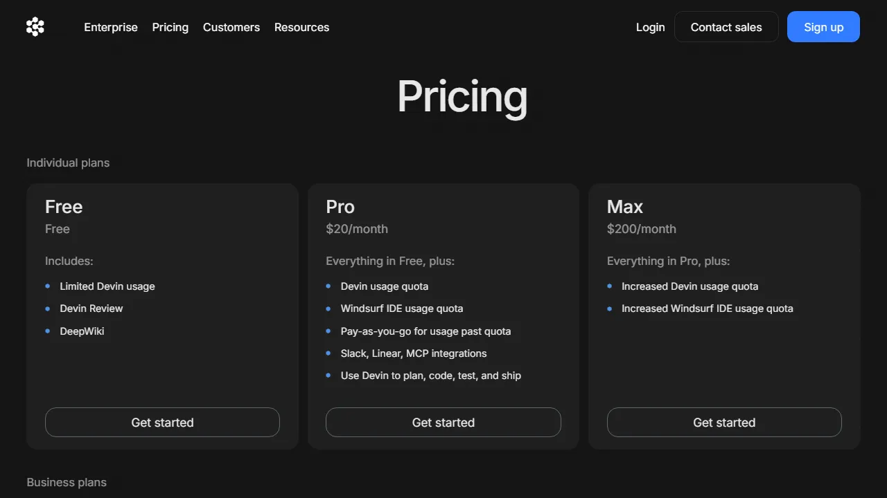 Devin pricing page: plans and rates