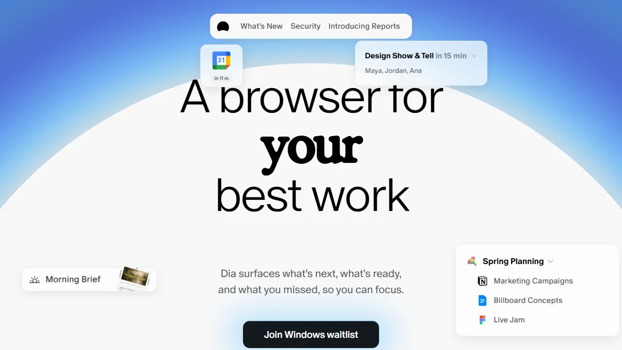 Dia homepage, productivity AI tool
