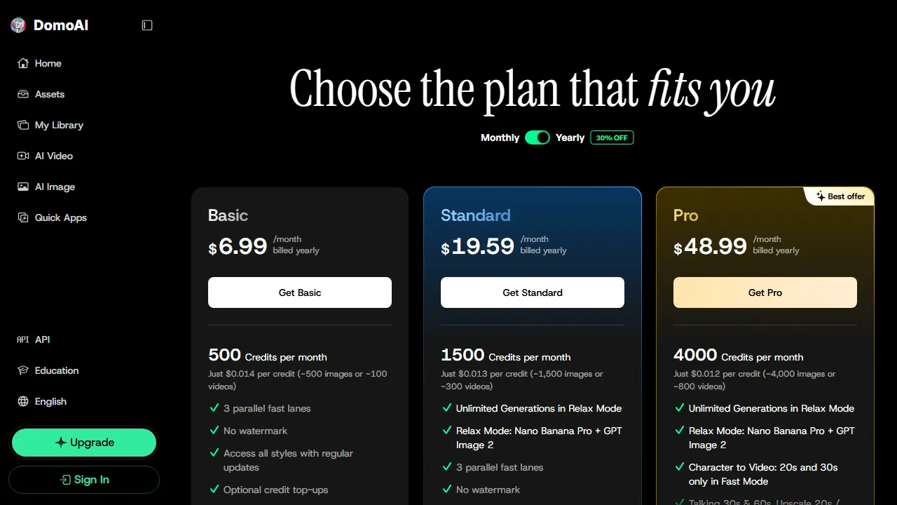 Domo AI pricing page: plans and rates