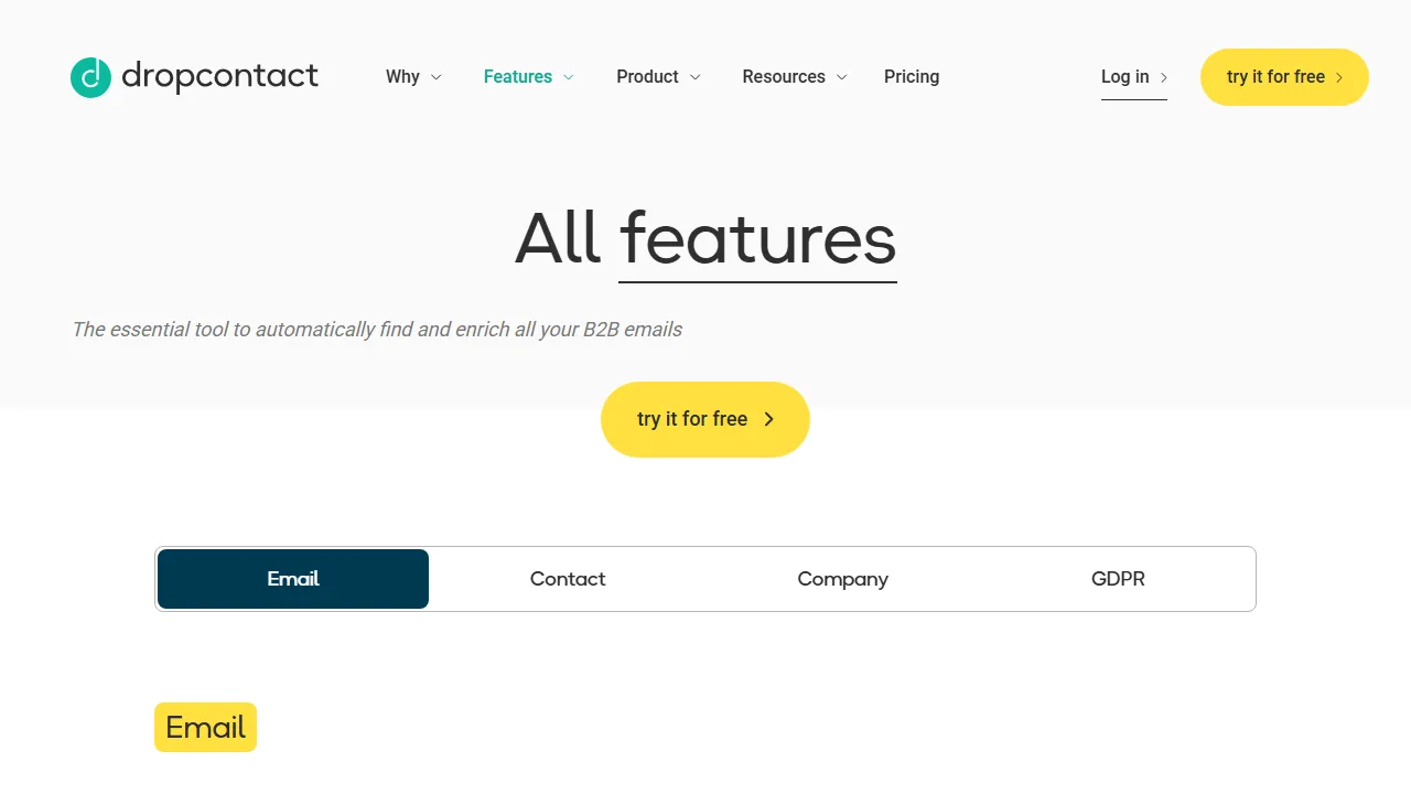 Dropcontact features, marketing & seo AI tool
