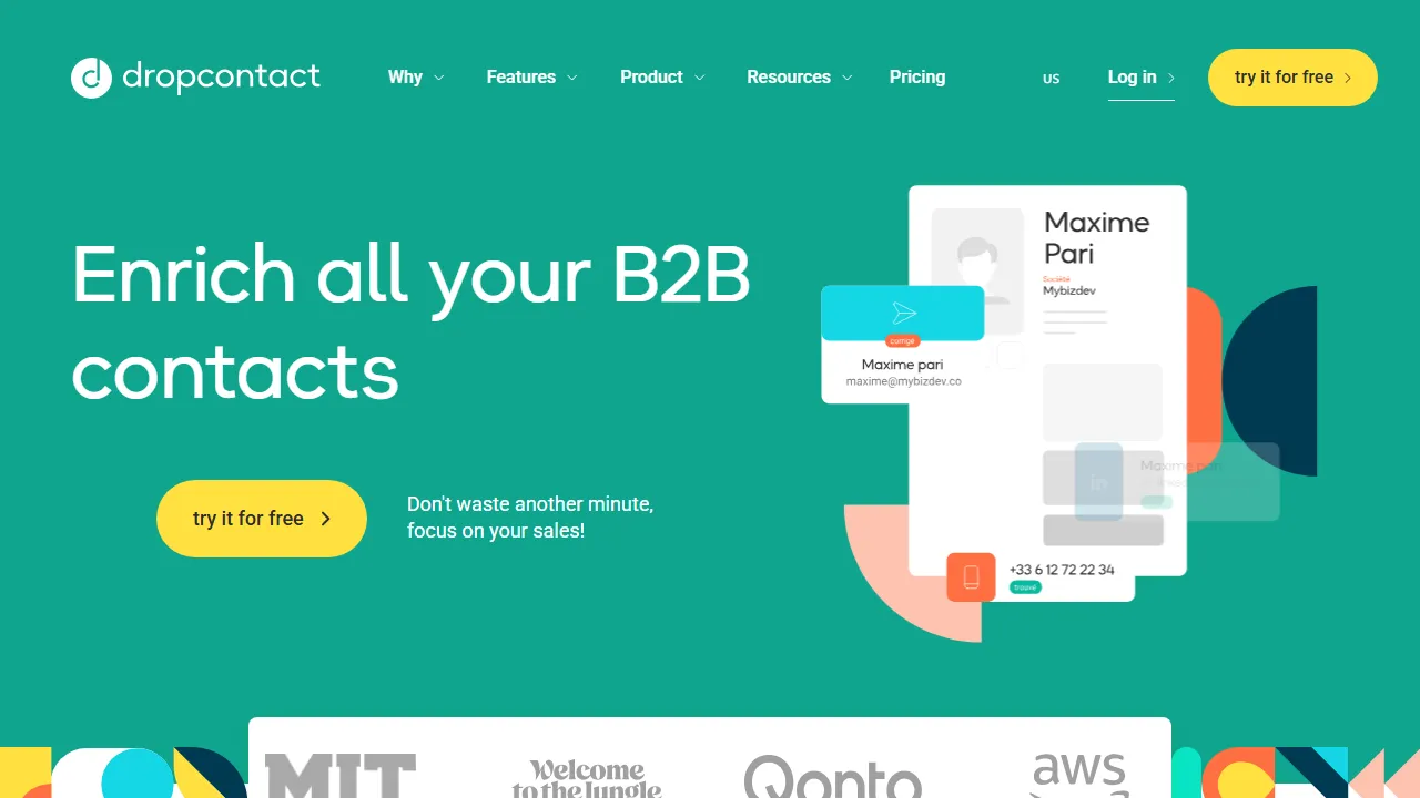 Dropcontact homepage, marketing & seo AI tool