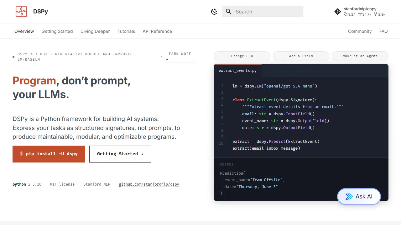 DSPy homepage, code AI tool