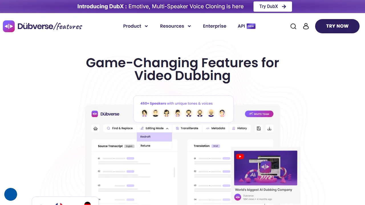 Dubverse features, voice & audio AI tool
